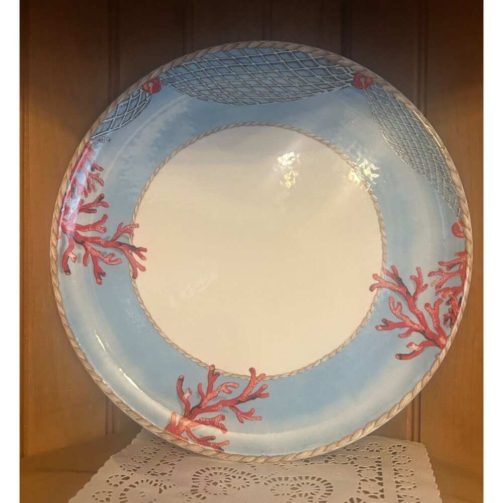 Hand-Painted Ceramic Plate Coral Nautical Rope Made in Italy Large Dinner Plate
